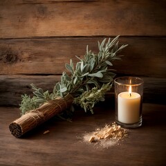 Raw sage delicately placed on a weathered wooden table, surrounded by wispy smoke and the soft glow of a candle. 