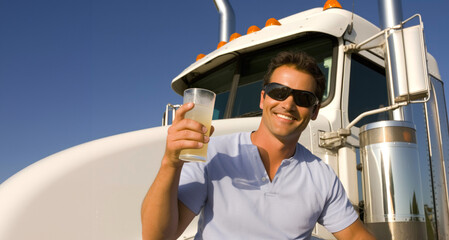 Hombre Joven  con gafas de sol tomando vaso con bebida delante de un camión - obrazy, fototapety, plakaty