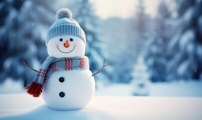 Obraz premium Happy snowman in winter landscape