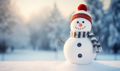 Fototapeta premium Happy snowman in winter landscape