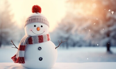 Happy snowman in winter landscape