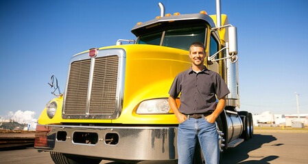 Joven hombre camionero posando de pie con camión amarillo de fondo