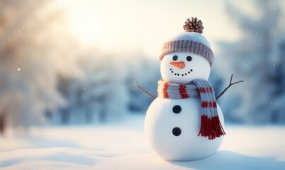 Obraz premium Happy snowman in winter landscape