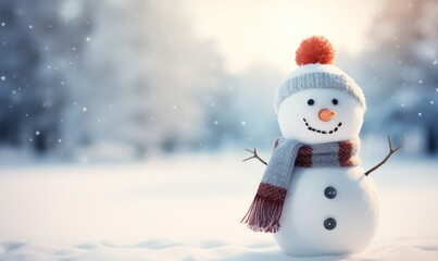 Happy snowman in winter landscape