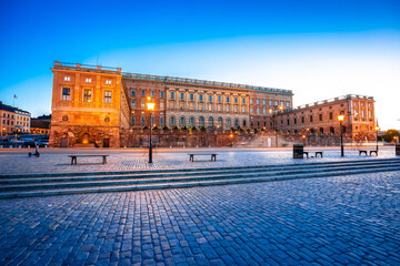 The Royal Palace Kungliga slottet in Stockholm evening view