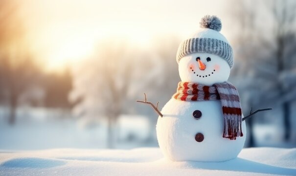 Happy snowman in winter landscape