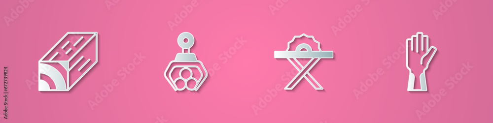 Poster Set paper cut Wooden beam, Grapple crane grabbed log, Electric circular saw and Protective gloves icon. Paper art style. Vector