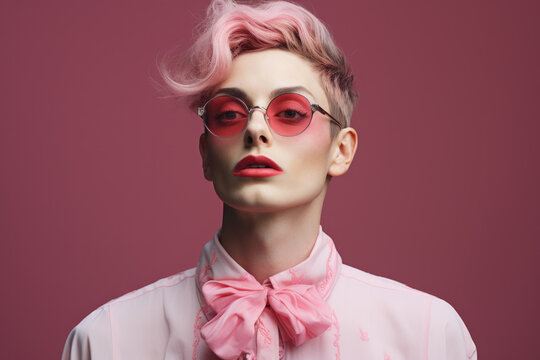 Portrait of person in glasses on pink background.