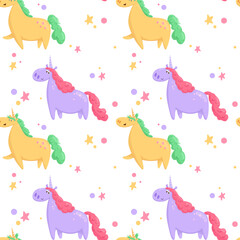 Vector pattern with yellow and purple unicorn and stars