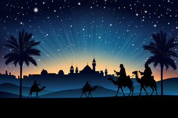 Fototapeta na wymiar Epiphany, the Feast of the Epiphany, pilgrims on camels come to Bethlehem at night. And in the background in the night sky we see a big shining star. Religious theme.