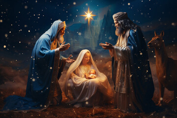 Epiphany, on the Feast of the Three Kings, pilgrims come to Bethlehem to honor the birth of the baby Jesus. And in the background in the night sky we see a big shining star. Christian religious theme. - obrazy, fototapety, plakaty