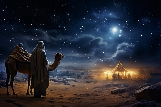 Epiphany, feast of the three kings, pilgrims come to Bethlehem at night to the crib with the baby Jesus. And in the background in the night sky we see a big star shining. Religious Theme.