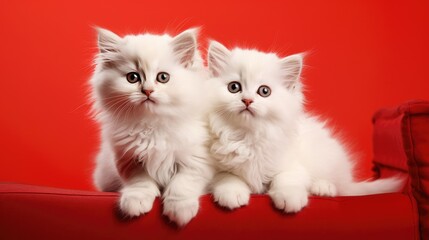 Deux petits chatons blancs sur un fond coloré uni