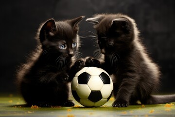 Deux petits chatons noirs jouant avec une mini ballon