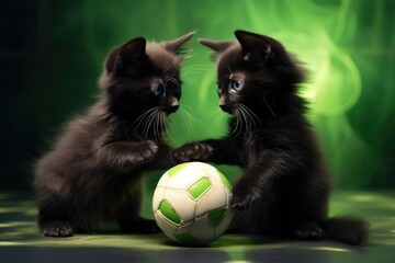 Deux petits chatons noirs jouant avec une balle