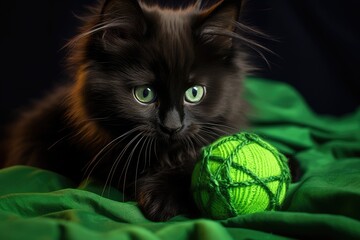 Le portrait d'un petit chaton noir jouant avec une pelote de laine