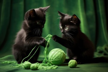 Deux petits chatons noirs jouant avec une pelote de laine