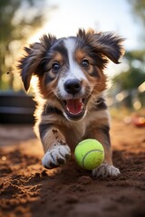 Le portrait d'un jeune chiot heureux jouant avec une balle 