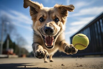 Le portrait d'un jeune chiot heureux jouant avec une balle