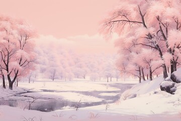 Snowy winter scene in soft pink hues. Generative AI