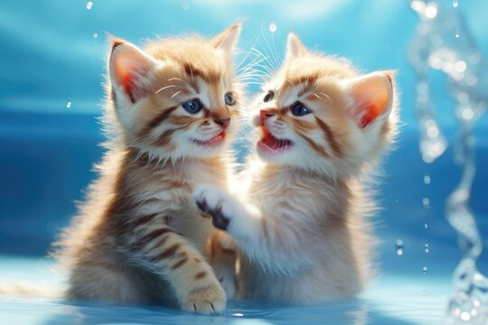 Deux petits chatons roux jouant ensemble, arri&egrave;re-plan lumineux de couleur bleu.