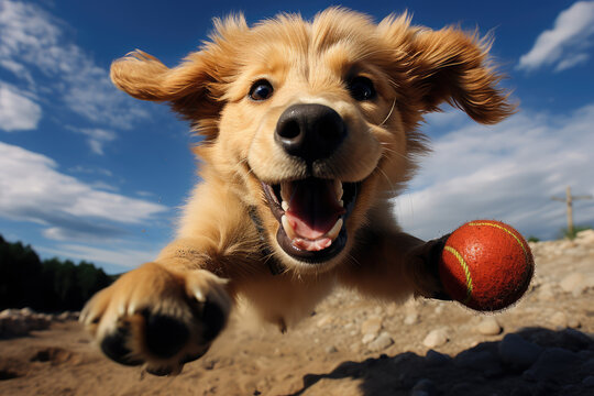Le portrait d'un jeune chiot heureux jouant avec une balle