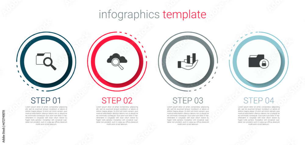 Poster set search with folder, cloud computing, pie chart infographic and folder and lock. business infogra