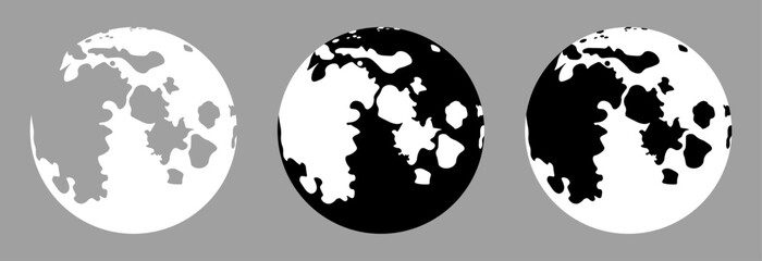Set of 3 flat drawings of the moon, placed separately on a gray background, vector illustration.
