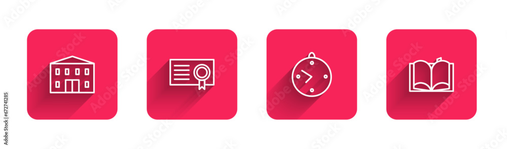 Poster set line school building, certificate template, clock and open book with long shadow. red square but
