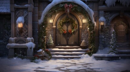 A snowy landscape  leading to a door, where a welcoming wreath hangs.