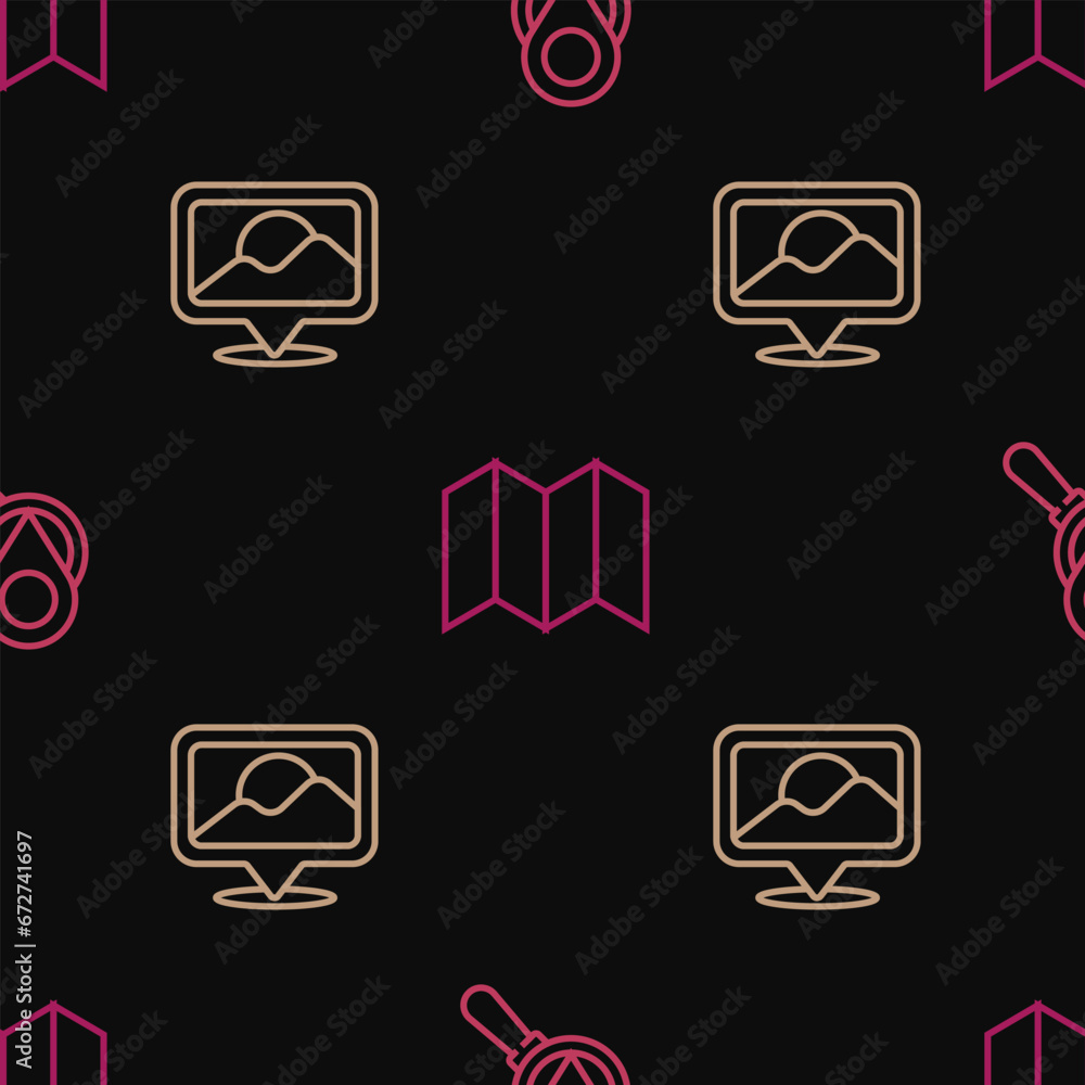 Poster set line search location, location and folded map on seamless pattern. vector