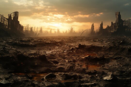 A polluted and barren landscape, highlighting the consequences of environmental degradation in a dystopic future. Generative Ai