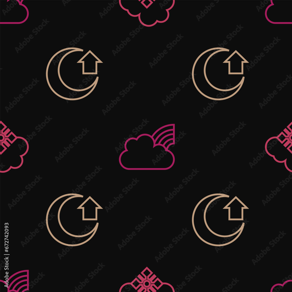 Sticker set line cloud with snow, moon and rainbow clouds on seamless pattern. vector