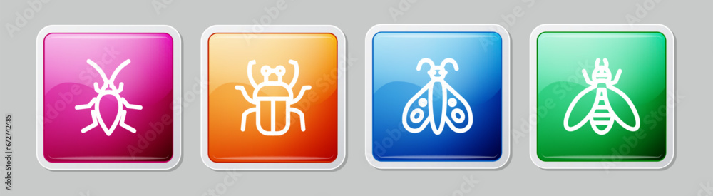 Canvas Prints set line cockroach, stink bug, butterfly and bee. colorful square button. vector