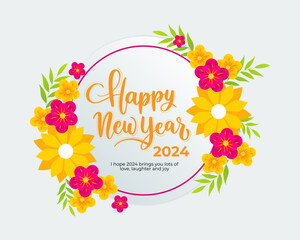 Happy New Year 2024 celebration with colorful flowers and confetti background design for 2024 new year banner, flyer, greeting card and media post template