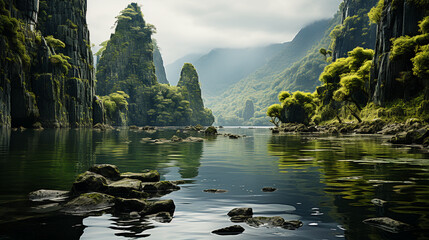 breathtaking landscape with misty lake in mountains background 16:9 widescreen backdrop wallpapers