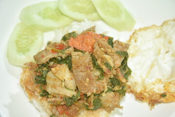 spicy fried beef meat with cumin leaf and chili topping egg on rice in plate