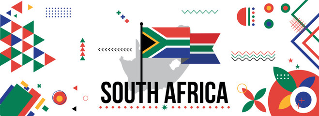 South Africa national or independence day banner design for country celebration. Flag and map of South Africa with modern retro design and abstract geometric icons. Vector illustration - obrazy, fototapety, plakaty
