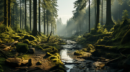 breathtaking landscape with road in the misty woods background 16:9 widescreen backdrop wallpapers