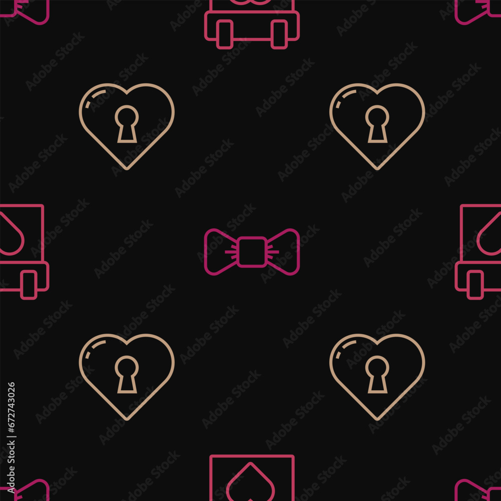 Poster set line calendar, heart with keyhole and bow tie on seamless pattern. vector