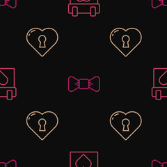 Set line Calendar, Heart with keyhole and Bow tie on seamless pattern. Vector