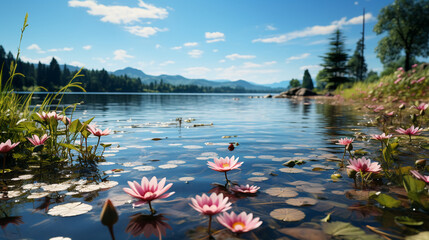 breathtaking landscape with pond with water lily background 16:9 widescreen backdrop wallpapers - Powered by Adobe