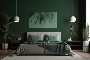 3D render of a poster in a contemporary dark green bedroom with a table displaying a potted plant. Generative AI