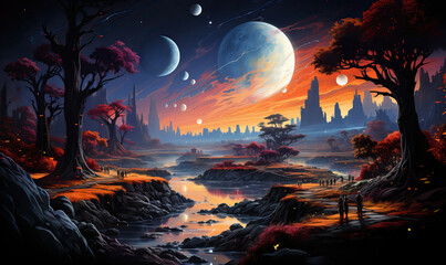 Fantastic night landscape of an unknown planet. - obrazy, fototapety, plakaty