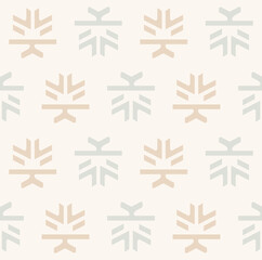 Simple Christmas seamless pattern with geometric motifs. Snowflakes and circles with different ornaments. Retro textile collection. On white background