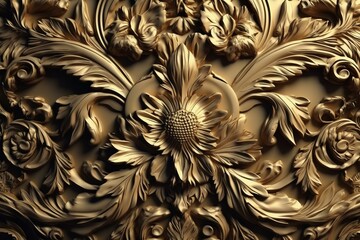 Opulent golden, ornate floral backdrop. Floral pattern suitable for wallpapers, prints, and covers. Stunning 3D illustration. Generative AI