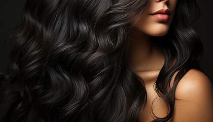 Black hair shiny wave concept background. beauty Extreme close up beauty portrait of beautiful...