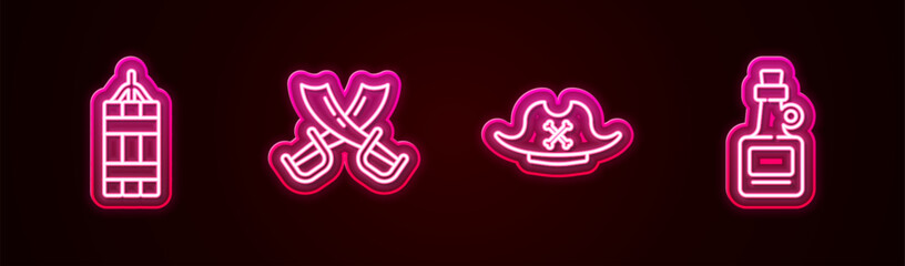 Set line Dynamite bomb, Crossed pirate swords, Pirate hat and Alcohol drink Rum. Glowing neon icon. Vector