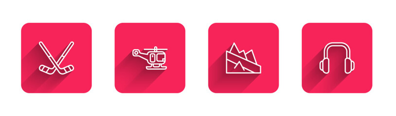 Set line Ice hockey sticks, Rescue helicopter, Mountain descent and Winter headphones with long shadow. Red square button. Vector