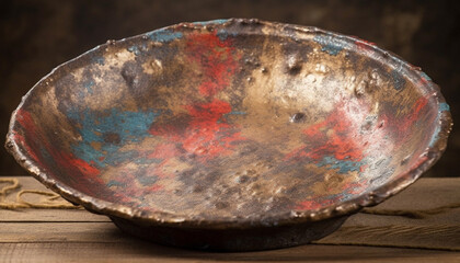 Fototapeta premium Rustic earthenware bowl with antique pottery decoration on wooden table generated by AI